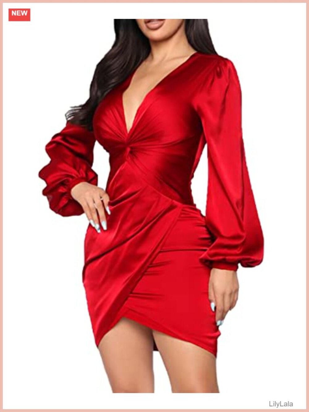 Twist Front V-Neck Ruched Bodycon Cocktail Party Dress Long Sleeve